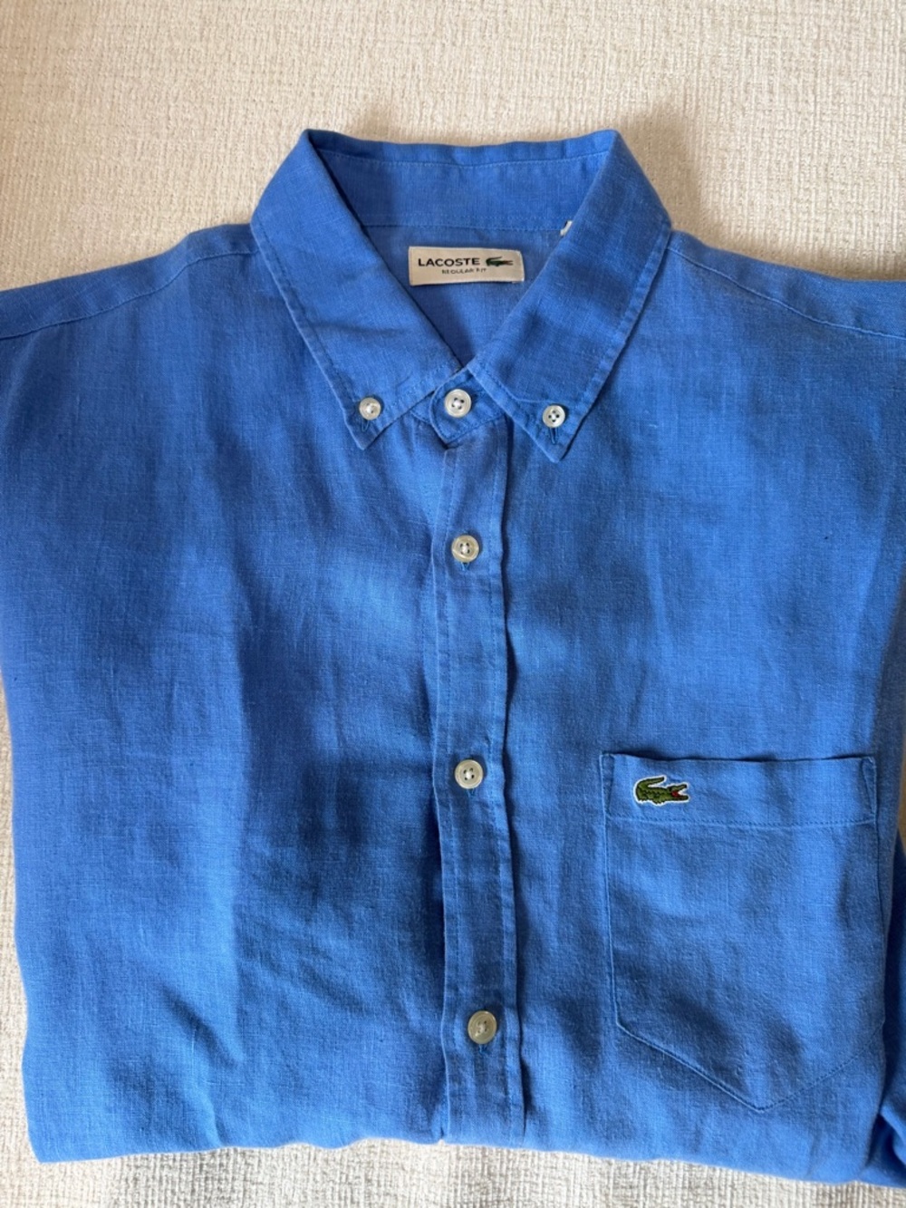 Lacoste Men's Royal Blue Button-Down Linen Shirt with Chest Pocket